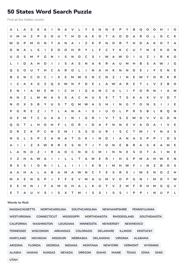 50 States Word Search Puzzle Free Online & PDF Answer 1 All 50 U.S. States Word Search Puzzle