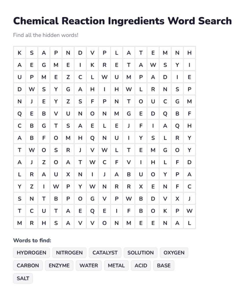 Chemical Reaction Ingredients Word Search Free Online 1 Chemical Reaction Ingredients Word Search