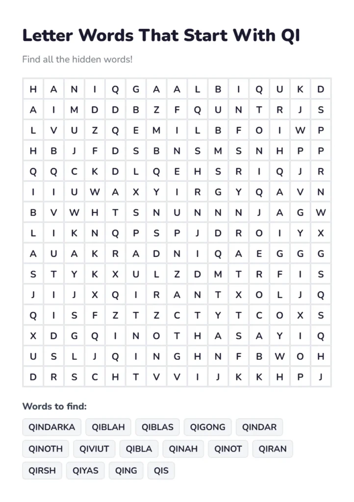 3, 4, 5 Letter That Start With QI Word Search Free 1 Letter Words That Start With QI Word Search