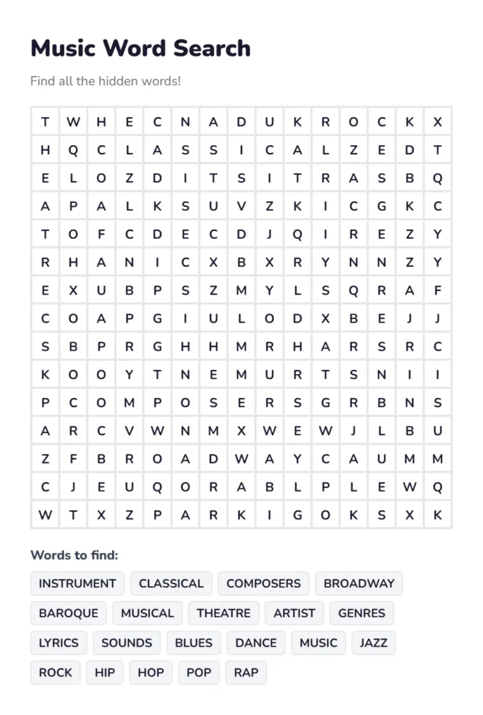 Music Word Search Play Free Online 1 Music Word Search Puzzle Online Printable