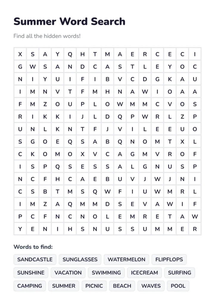 Free Summer Word Search Puzzle 1 Summer Word Search Online Puzzle and PDF Printable