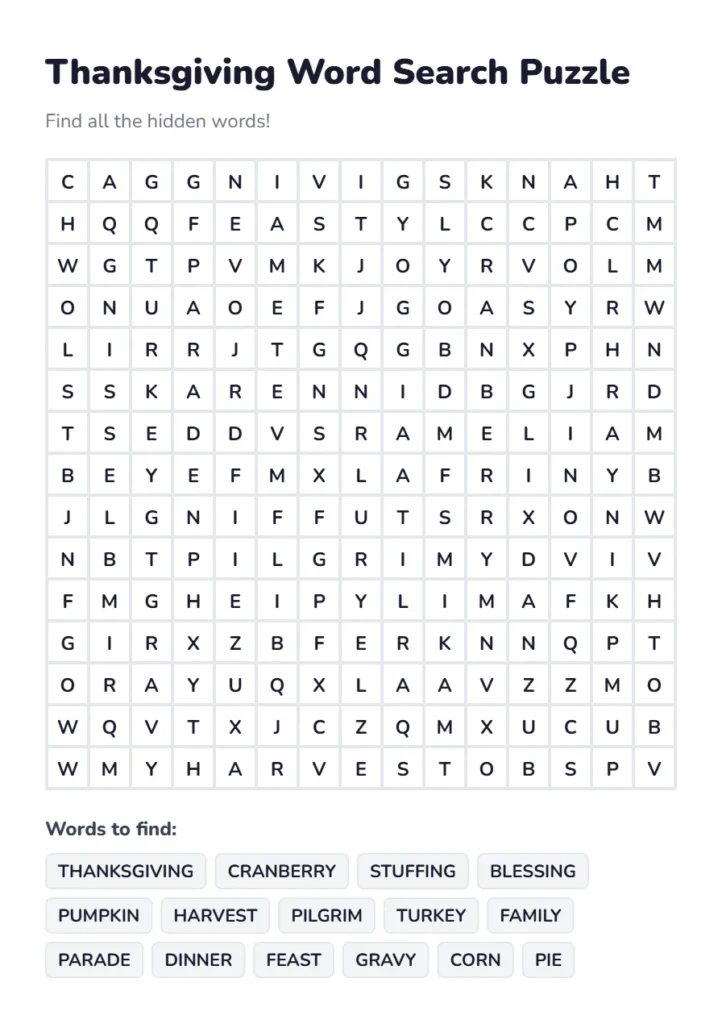Thanksgiving Word Search Puzzle