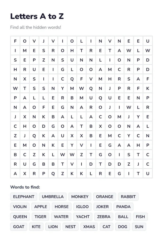 Letters A to Z Word Search Puzzle with solution