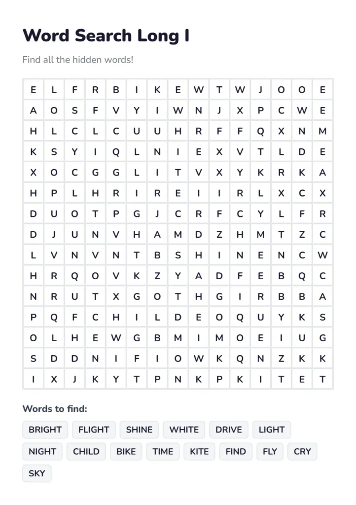 Words Search That Have Long i Online Puzzle Free 1 Words Search that have Long I Online Printable and Play